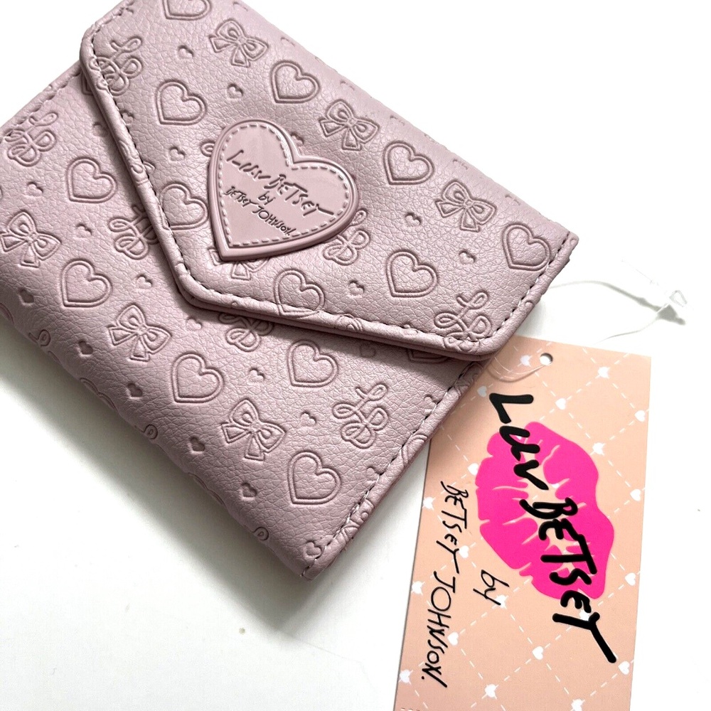 Betsey Johnson Trifold Wallet Pink Bow Heart Embossed Logo Faux Leather NWT
